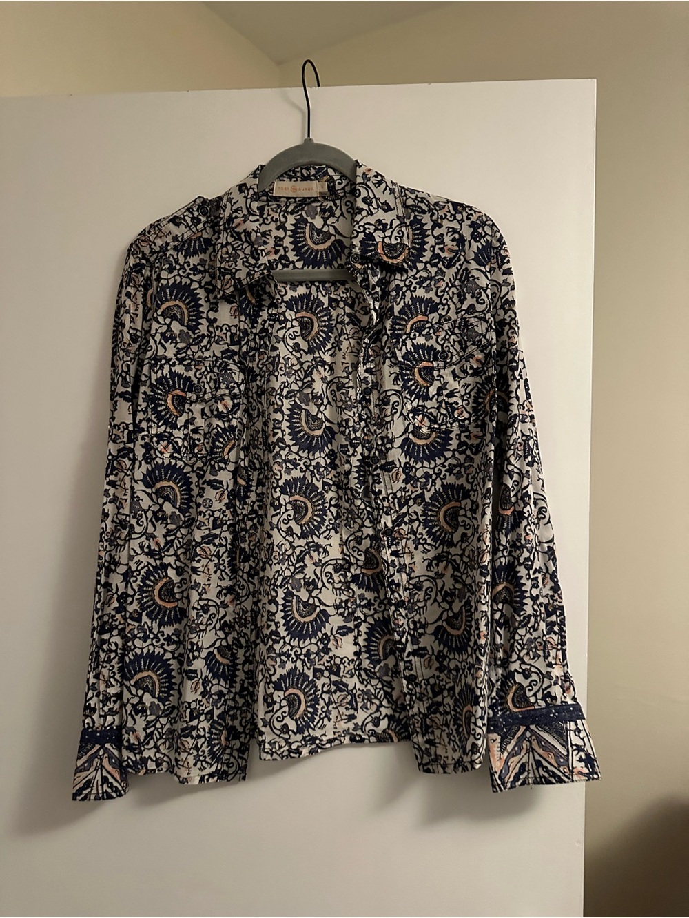 Tory Burch Printed Button-Up Shirt - Navy and Cream